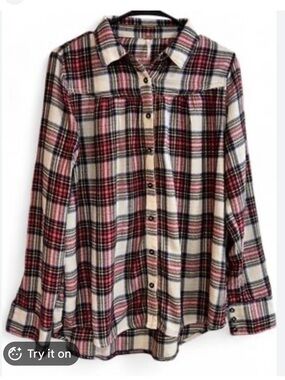 Free People Plaid Button-Up Shirt in Cream, Red & Black Size S